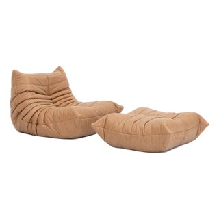 Restored Vintage Ligne Roset Togo Chair and Ottoman in Raw Sienna Leather For Sale