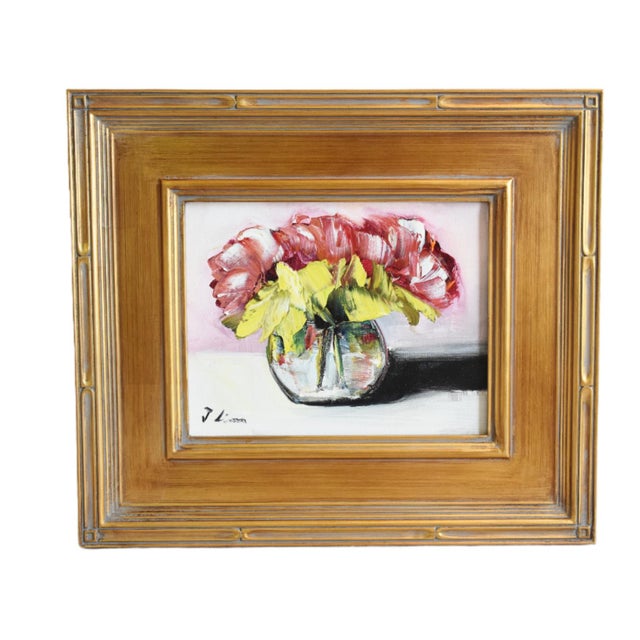 French Country Red & Yellow Bouquet Flowers in Vase Oil Painting Including the Antiqued Gold Wood Frame For Sale - Image 3 of 7