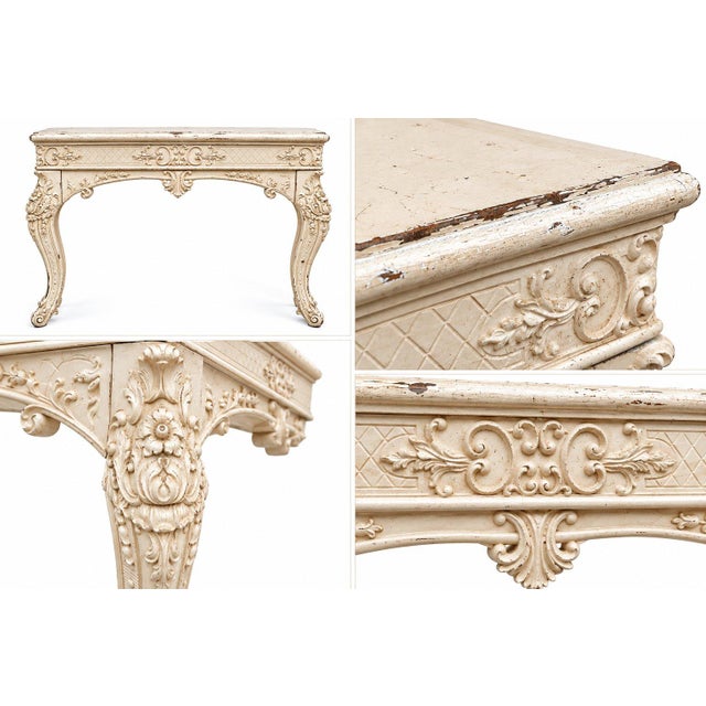 Wood Late 20th Century Turner MFG Co Rococo Style Set Ornate Cream Distressed Console Table Oval Mirror For Sale - Image 7 of 8