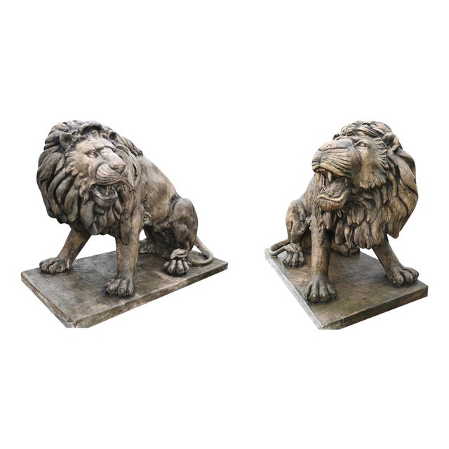 Lifesize Lion Gatekeeper Statues Stone Country House, Set of 2 For Sale