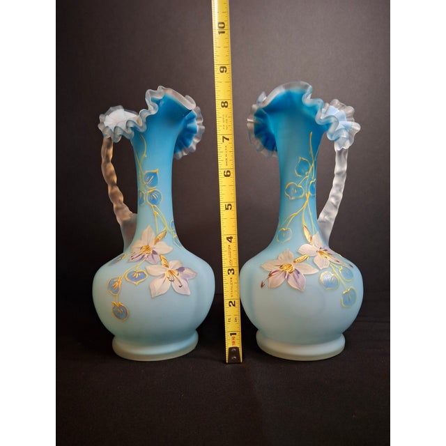 Antique Pair Victorian Blue Satin Cased Glass Pitcher Ewers Hand Painted Orchids Frosted Coral Branch Handles Ruffled Rim - a Pair For Sale - Image 15 of 18