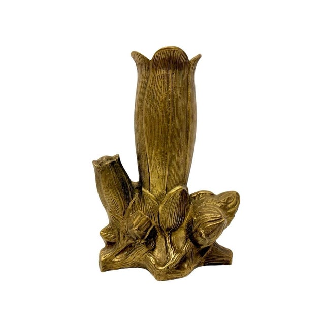 Art Deco VTG 7” Solid Brass Floral Bud Vase Art Nouveau Tulip Flower Figural Decor (A-3). For Sale - Image 3 of 7