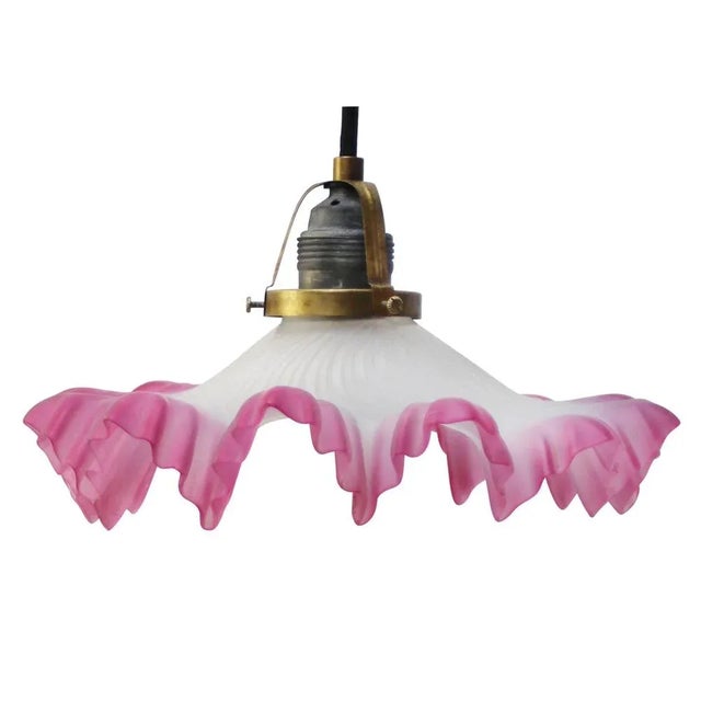 Metal Art Nouveau French Pink Frosted Glass Pendant Light, 1920s For Sale - Image 7 of 7