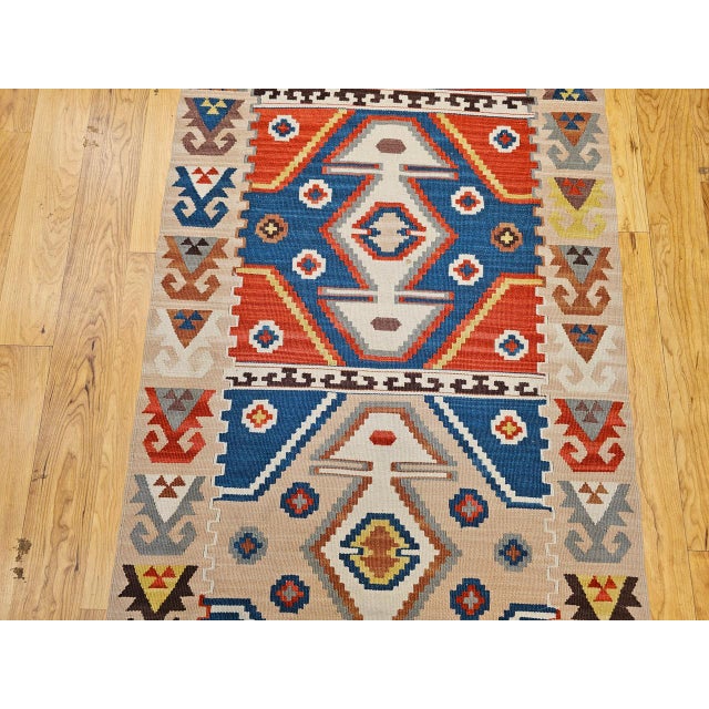 Vintage Turkish Tribal Kilim Runner, Handwoven Wool, Geometric Caucasian Pattern, Blue & Red, 3x8 For Sale - Image 11 of 17