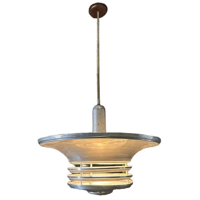 1930s Art Deco Machine Age Spun Aluminum 23" 3 Ring Pendant Light, 5 Available For Sale - Image 4 of 12