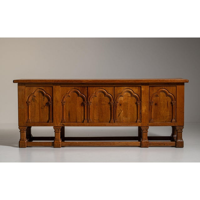 1970-1979 France Rich Walnut Brown Carved Walnut Gothic-Arch Buffet For Sale - Image 9 of 11