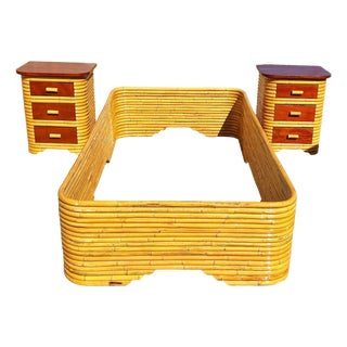 Restored Frankl Style Full Stacked Rattan Bed Frame W/ Night Stands Bedroom Set For Sale