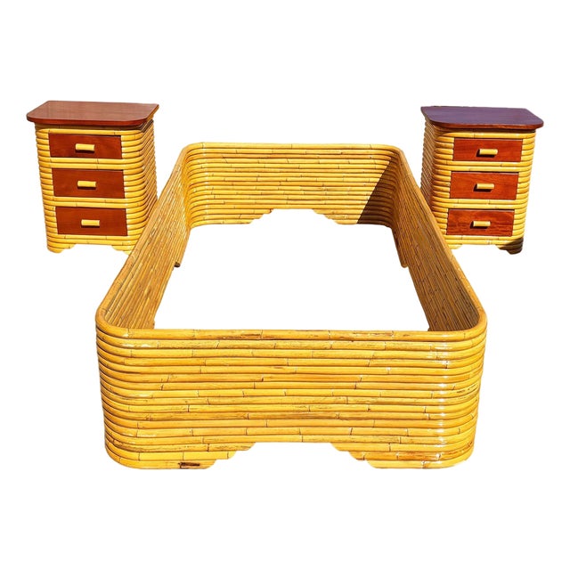 Restored Frankl Style Full Stacked Rattan Bed Frame W/ Night Stands Bedroom Set For Sale