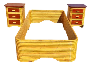 Restored Frankl Style Full Stacked Rattan Bed Frame W/ Night Stands Bedroom Set