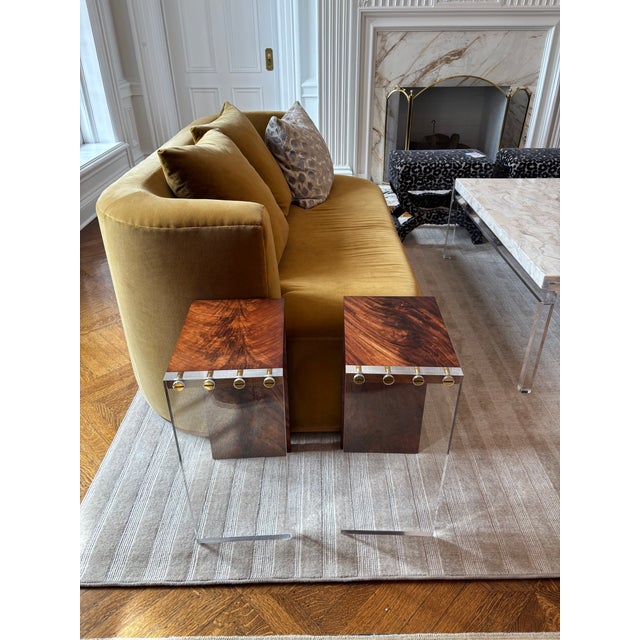 Wood and Acrylic Side Tables With Brass Accents- A Pair For Sale - Image 4 of 6