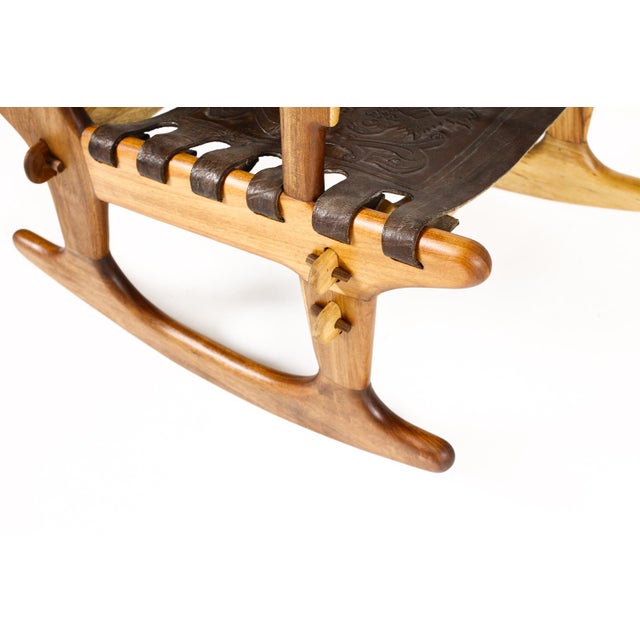 Vintage Mid Century Modernist Wood + Leather Rocking Chair + Ottoman Set – Angel Pazmino For Sale - Image 12 of 15