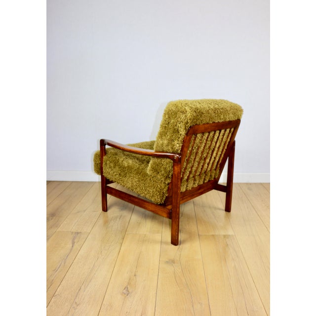 Vintage Wooden Armchair with Khaki Long Hair Upholstery by Z. Bączyk, 1970s For Sale - Image 6 of 13