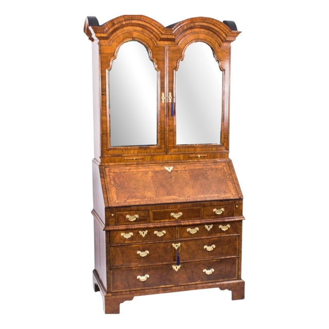 Antique Queen Anne Double Dome Burr Walnut Bureau Bookcase, 18th Century For Sale
