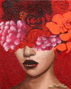 Textured Portrait Floral Pop Art Acrylic Painting "Red" Contemporary Original by Sally K