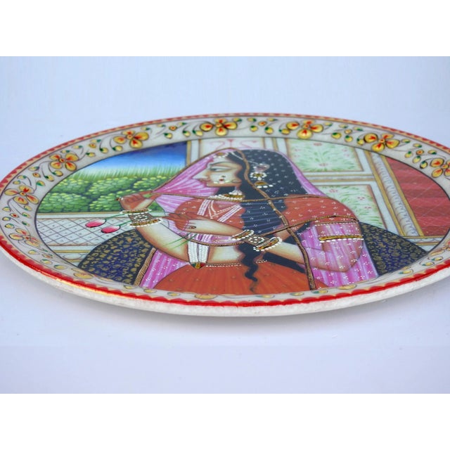 Art Deco Marble Handicraft Plate Rajasthani Women Bani Thani Tribal Ethnic Hand Painted For Sale - Image 3 of 7