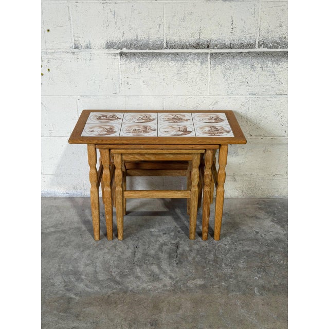 Mid 20th Century Oak Ceramic Tile-Top Nesting Tables Set of 3 Brown Scenic Windmill Motif Vintage For Sale - Image 5 of 11