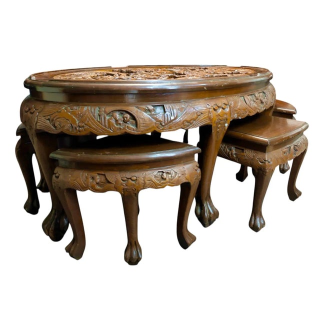 1950s Mid-Century Hand-Carved Asian Nesting Coffee Table With 6 Stools, C. 1950s Opium Table For Sale - Image 5 of 10
