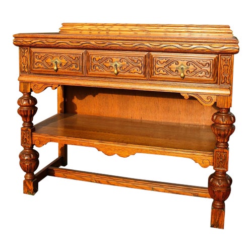 1930s Jacobean Tiger Oak Small Server Table With Carved Details