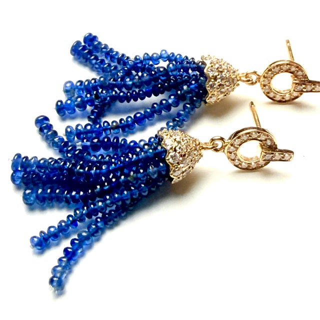14k Yellow Gold Natural Ceylon Sapphire & Diamond Pavé Tassel Earrings 32 Ct, Pair For Sale In New York - Image 6 of 10