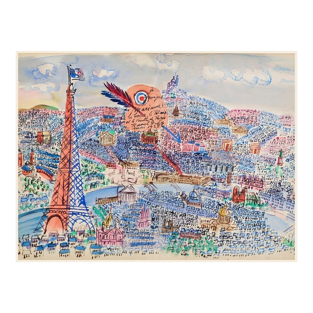 Vintage Paris Wall Art Print – Eiffel Tower & French Cityscape by Raoul Dufy, 24" X 18" For Sale