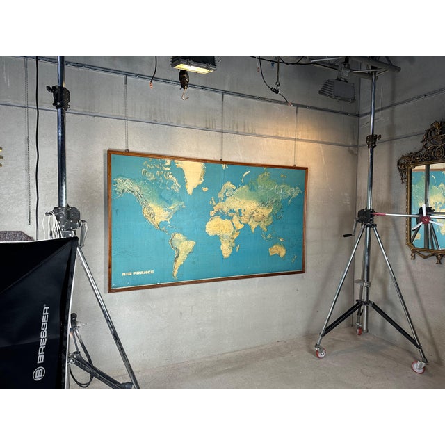 Huge 'airway' map of the French airline Air France in the 1970s. The map is originally glued to a wooden frame. Signs of...