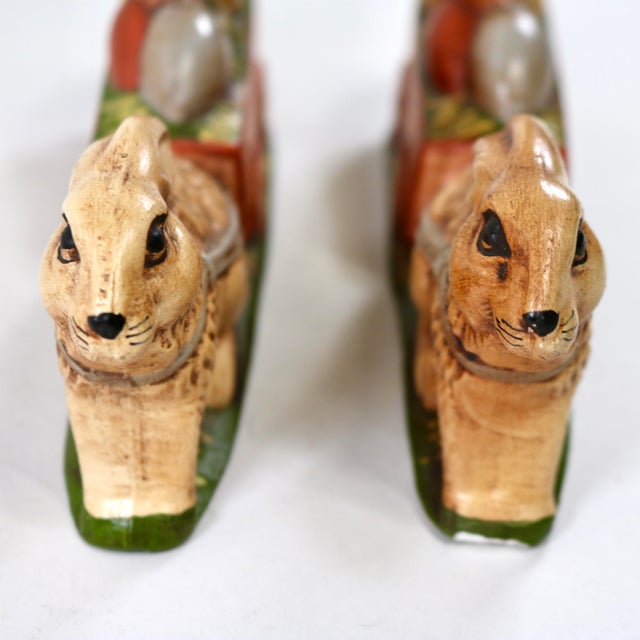 Vintage Wesson Folk Art Chalkware Bunny Rabbits Pushing Cart of Eggs Figurines-a Pair For Sale - Image 12 of 16