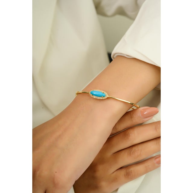 Mid 20th Century 2.22 Ct Turquoise Halo Diamond Contemporary Bangle in 14k Gold For Sale In New York - Image 6 of 13
