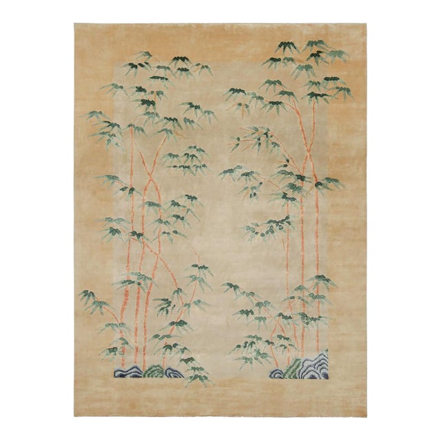Rug & Kilim’s Chinese Art Deco Style Rug, Bamboo Floral Patterns Over Gold Tones For Sale