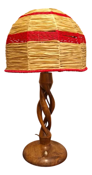 Art Deco German Table Lamp with Hollow Turned Linden Wood Base and Handmade Raffia Shade by Lamplove