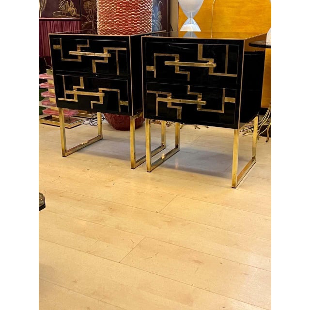 Wood Wooden Bedside Tables in Black Glass with Brass Inlay from Justfurnituress SRL, Set of 2 For Sale - Image 7 of 8