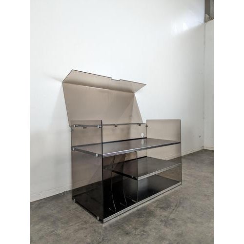 Hi-Fi Cabinet with Drop-Down Door in Smoked Acrylic Glass and Chrome-Plated Metal, 1970s, in Very Good conditions....