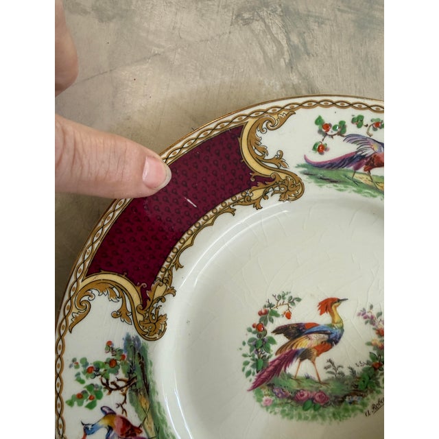 1930s Myott Staffordshire Chelsea Bird Salad Plates Burgundy Gold English China - Set of Eight (8) 7 7/8” For Sale - Image 10 of 11