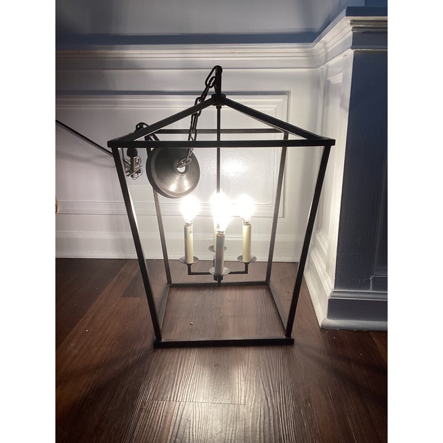 2010s Modern Black Iron Four-Light Lantern Pendant Chandelier With Chain Suspension For Sale - Image 5 of 6