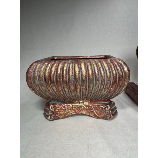 Burgundy Art Deco Ceramic Cachepots, a Pair in Burgundy, Verdigris & Gold For Sale - Image 8 of 12