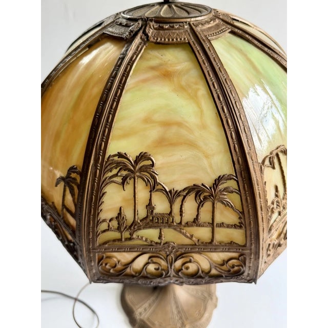 Antique Art Nouveau 8 Panel Slag Glass Lamp With Desert Scene Palm Trees, for Repair For Sale - Image 12 of 18