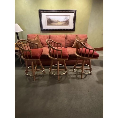 Mid-Century Modern 1960s Set of Three Vintage McGuire Upholstered Bar Stools For Sale - Image 3 of 11