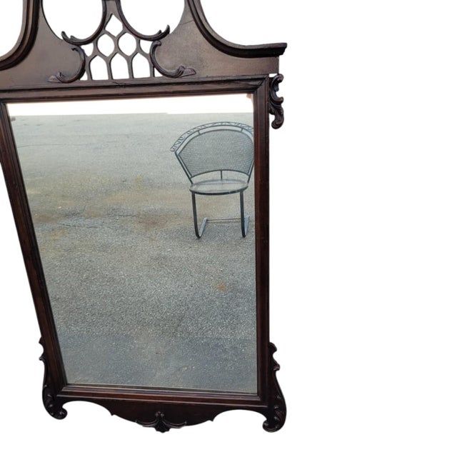 Antique 1920s Chippendale Carved Mahogany Wall Mirror Pediment Crest Mirror For Sale - Image 12 of 16
