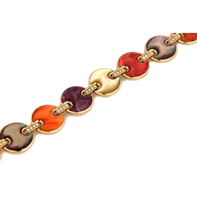 Contemporary Kabana Spiny Oyster MOP Diamond 14k Yellow Gold Round Button Link Bracelet For Sale - Image 3 of 5