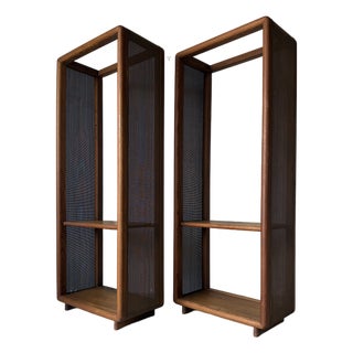 1970’s Mid-Century Modern Wood & Cane Étagère Bookcases – A Pair For Sale