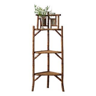 19th Century Three-Tier English Tiger Bamboo Corner Shelf For Sale