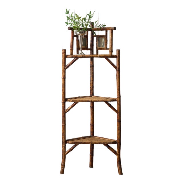 19th Century Three-Tier English Tiger Bamboo Corner Shelf For Sale