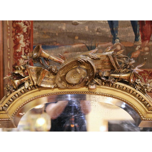French 19th Century French Louis XVI Giltwood Mantel Mirror With Musical Trophy Crest For Sale - Image 3 of 11