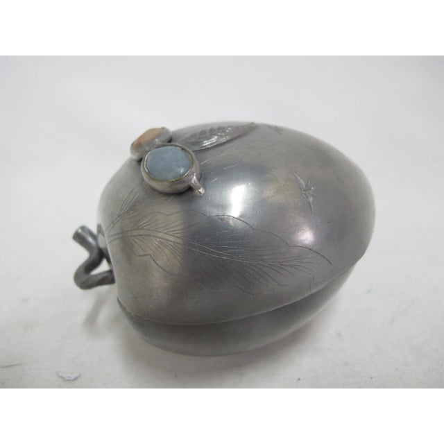 Antique Chinese Inlaid Gemstone Pewter Fruit Peach Form Altar or Trinket Box For Sale - Image 9 of 9