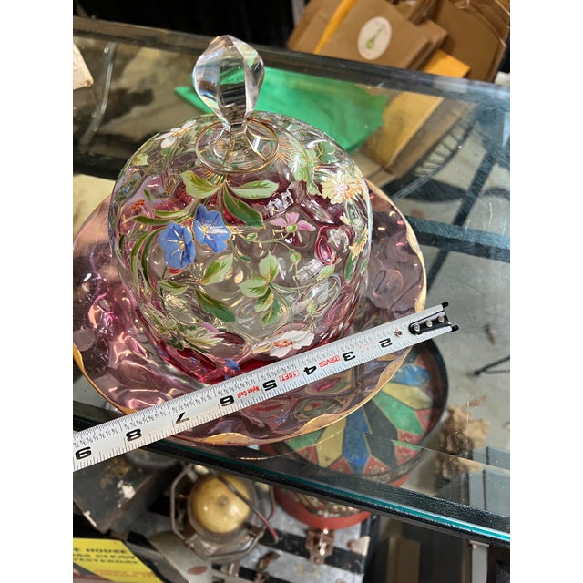 Pink 1970s Beautiful Pink Glass Cake Cover and Plate With Floral Accents For Sale - Image 8 of 9