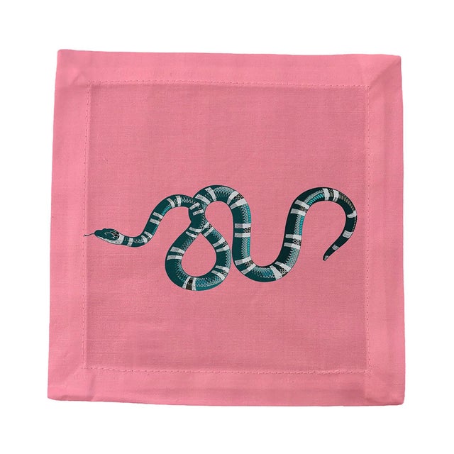 Contemporary Serpent Cotton Sateen Cocktail Napkins in Pink, Set of 4 For Sale - Image 3 of 6