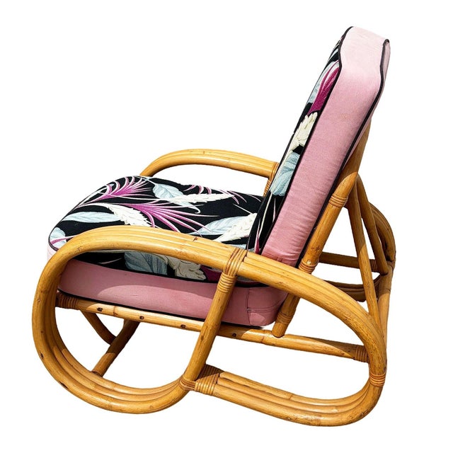 Restored Mid-Century 3-Strand 3/4 Round Pretzel Arm Rattan Lounge Chair For Sale - Image 4 of 6