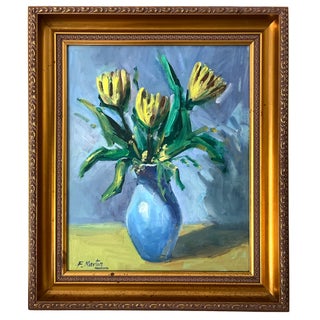 1990s Félix Martín Martín (B. 1953) – Expressive Floral Still Life in Blue Vase, Oil on Canvas, Framed For Sale