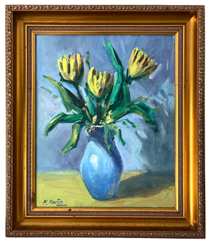 1990s Félix Martín Martín (B. 1953) – Expressive Floral Still Life in Blue Vase, Oil on Canvas, Framed