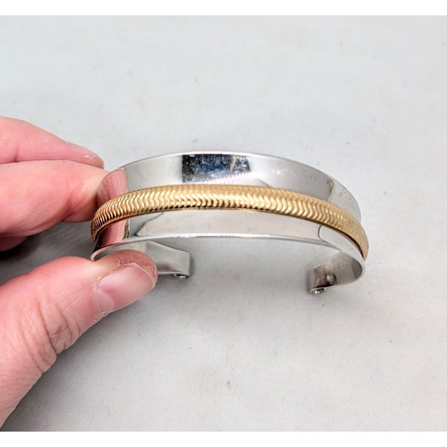Vintage 1975 Signed Napier Goldtone Rhodium Plated Goldtone Stripe Cuff Bracelet For Sale In Philadelphia - Image 6 of 13