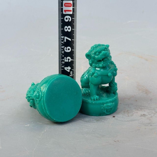 Ceramic Turquoise Green Foo Dogs - Pair of Mini Guardian Lion Statues For Sale - Image 7 of 8